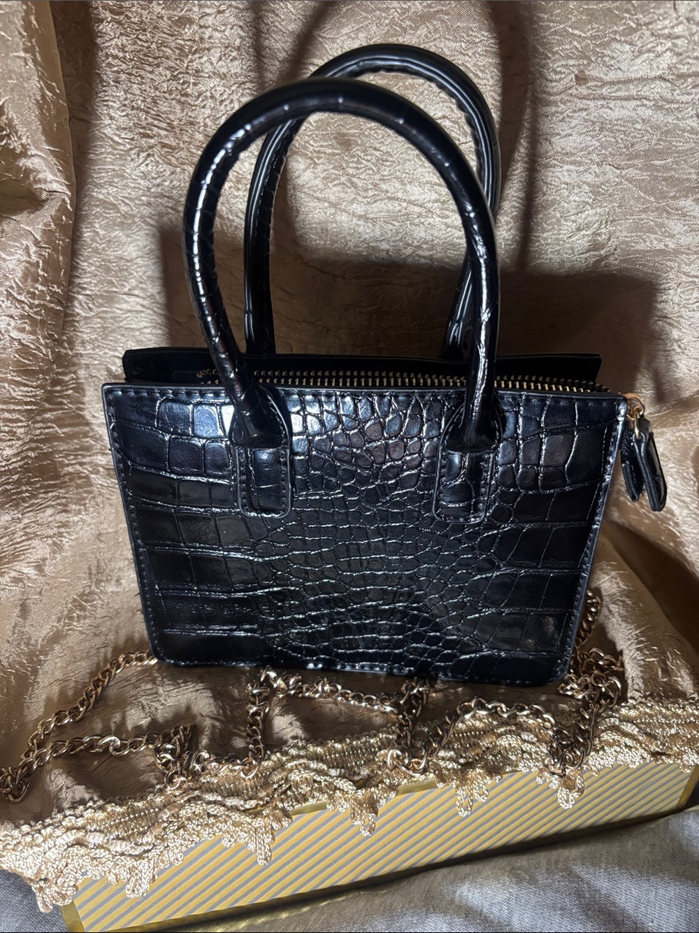 Black Croc-Embossed Mini Satchel with Gold Chain - Women